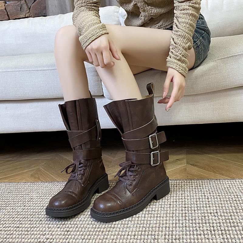 Retro British Martin Boots Women's Early Autumn New Thick Heel Belt Buckle Boots Locomotive Boots Versatile Platform Knight Boots