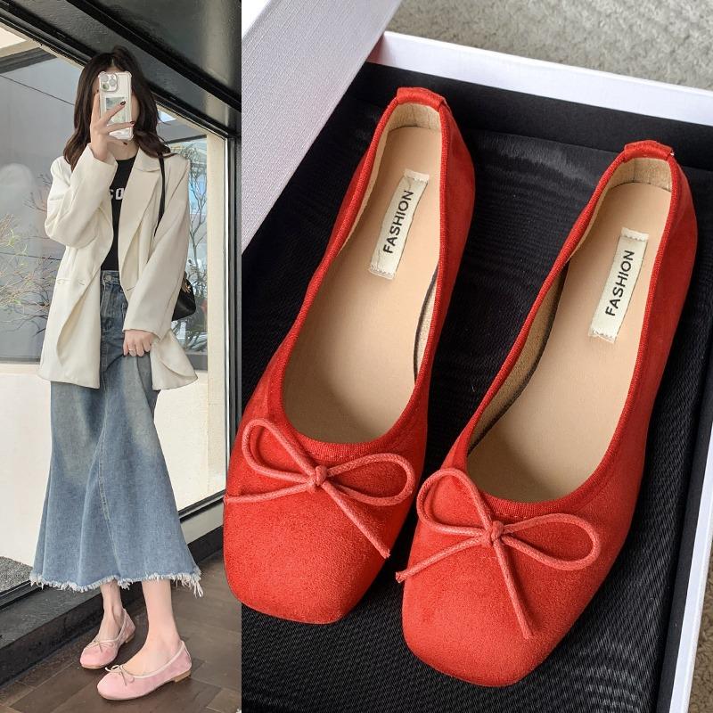 Fashion French Flat Velvet Single Shoes, Ballet Shoes, 2025 New Model, Shallow Bow, Gentle Insole, Height-increasing Single Shoes