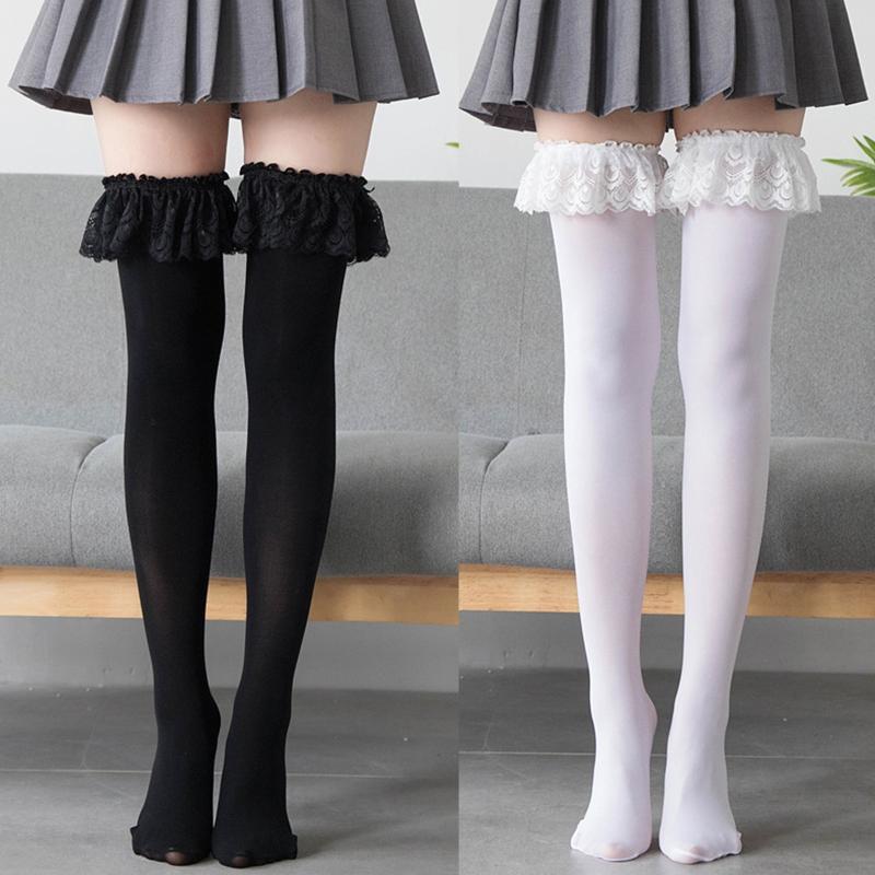 Sexy Solid Color Over The Knee Long Socks Women Thigh High Stockings Japanese Lolita Ruffles Lace Anime Cosplay Hosiery