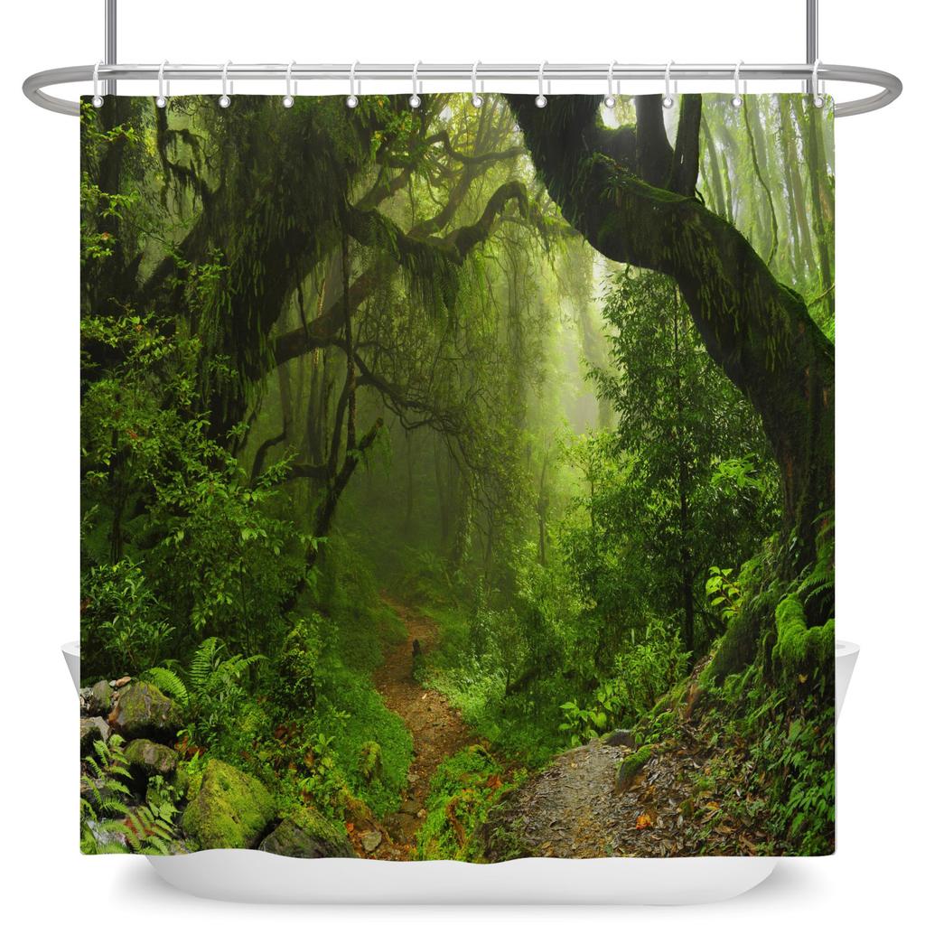 Garden Path Shower Curtain with 12 Hooks Realistic Forest Landscape Butterflies Waterproof Polyester Bathtub Bathroom Curtain