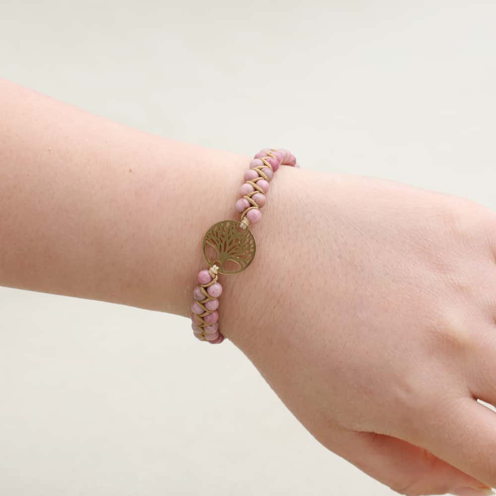 4mm Rhodonite Beads Double Layered Braided Women Men Handmade Jewelry Women Stainless Steel Tree of Life Charm Bracelet