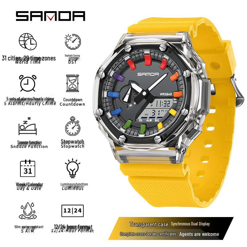 Sanda Octagonal Transparent Multifunctional Waterproof Unisex Wristwatch