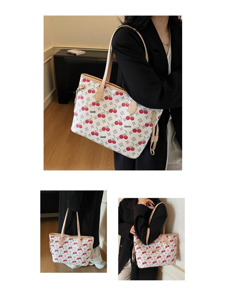 Cherry Print Denim Handbag - High-Quality, Large Capacity Commute Tote Shoulder Bag, 2025 Fashion.