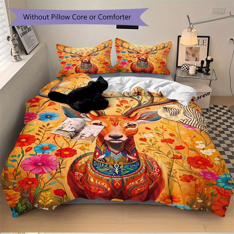 3pcs Animal-themed Deer Flowers Soft and Comfortable Breathability, Bedding Set, Machine Washable, Suitable for All Seasons145