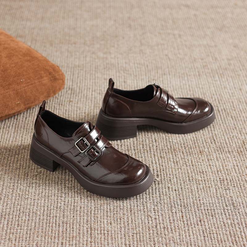 Krazing Pot Microfiber Round Toe Chunky Heels Spring Summer Shoes Big Size 43 Size 33 Women Metal Buckle Platform Pumps