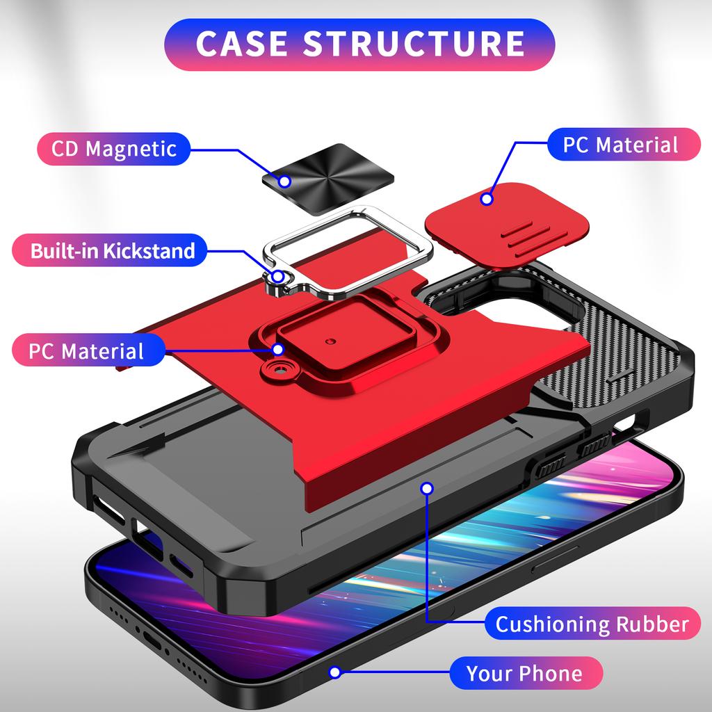 For iPhone 15 Pro Case Anti-scratch PC+TPU Kickstand Phone Back Cover with Slide Lens Protector