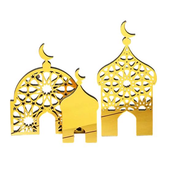 Gold Acrylic Table Art 3PCS Ramadan Golden Castle Ornament, Hollow Mosque Design, Thick Wood And Decorative Wooden Signs Desktop Accents, Religious