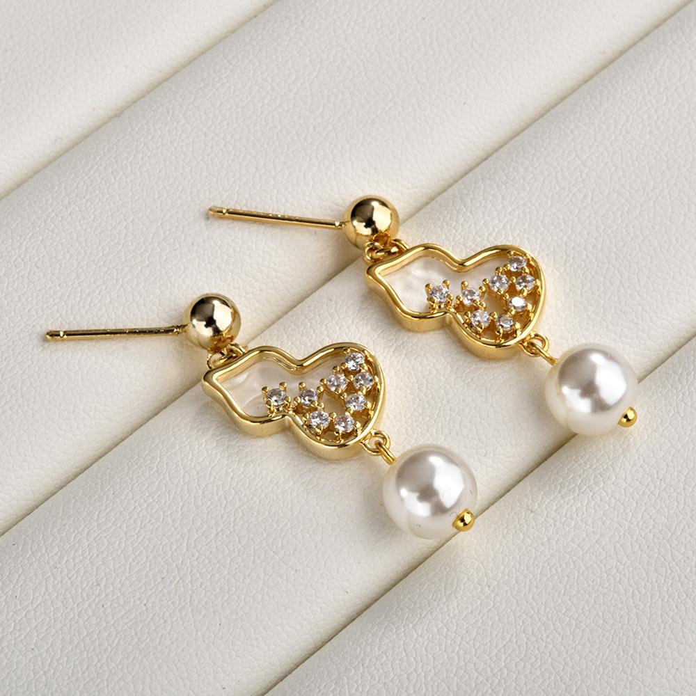 Ethnic Shell Stud Earrings, Unique Design Pearl Drop Earrings with Zircon