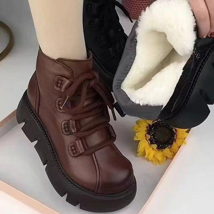 Soft Leather Soft Sole Women's Thick-soled Cotton Boots Autumn and Winter New Martin Boots Retro Zipper Medium and Short Boots