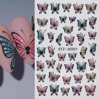 Nail Art Sticker, Pink, Blue, Yellow Glitter, Butterfly Imitation Hand-Painted Lines, Butterfly Nail Sticker.