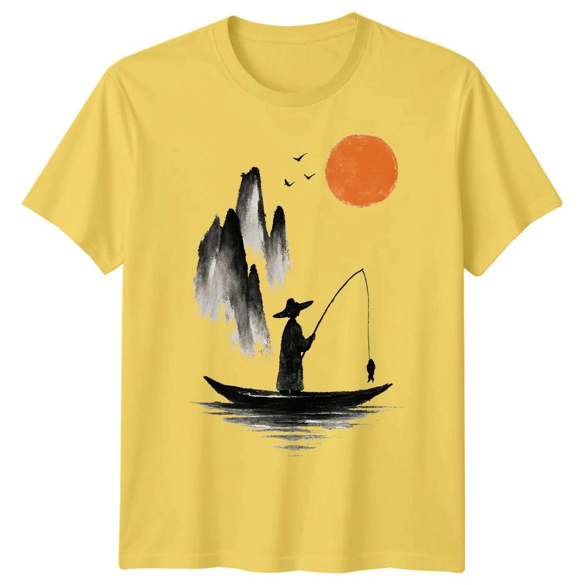 Мужская футболка с изображением японской лодки на закате, винтажная, морская, для пляжа, летний подарок S