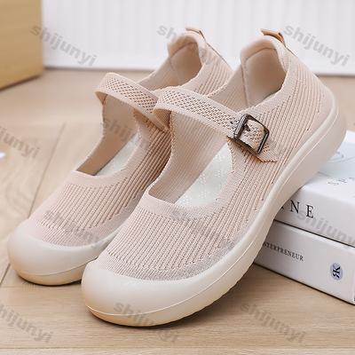 Fashion Women Shoes 2025 Spring Comfortable Soft Sole Buckle Strap Mothers Shoes Breathable Mesh Non Slip Women Fly Weave Casual Shoes
