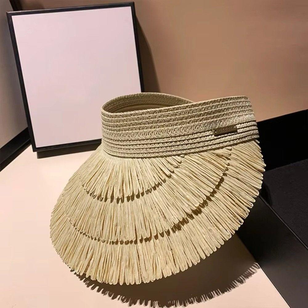 Tassel Sun Hat Wide Brim Empty Top Sun Hat Fashion Straw Hat  Women's