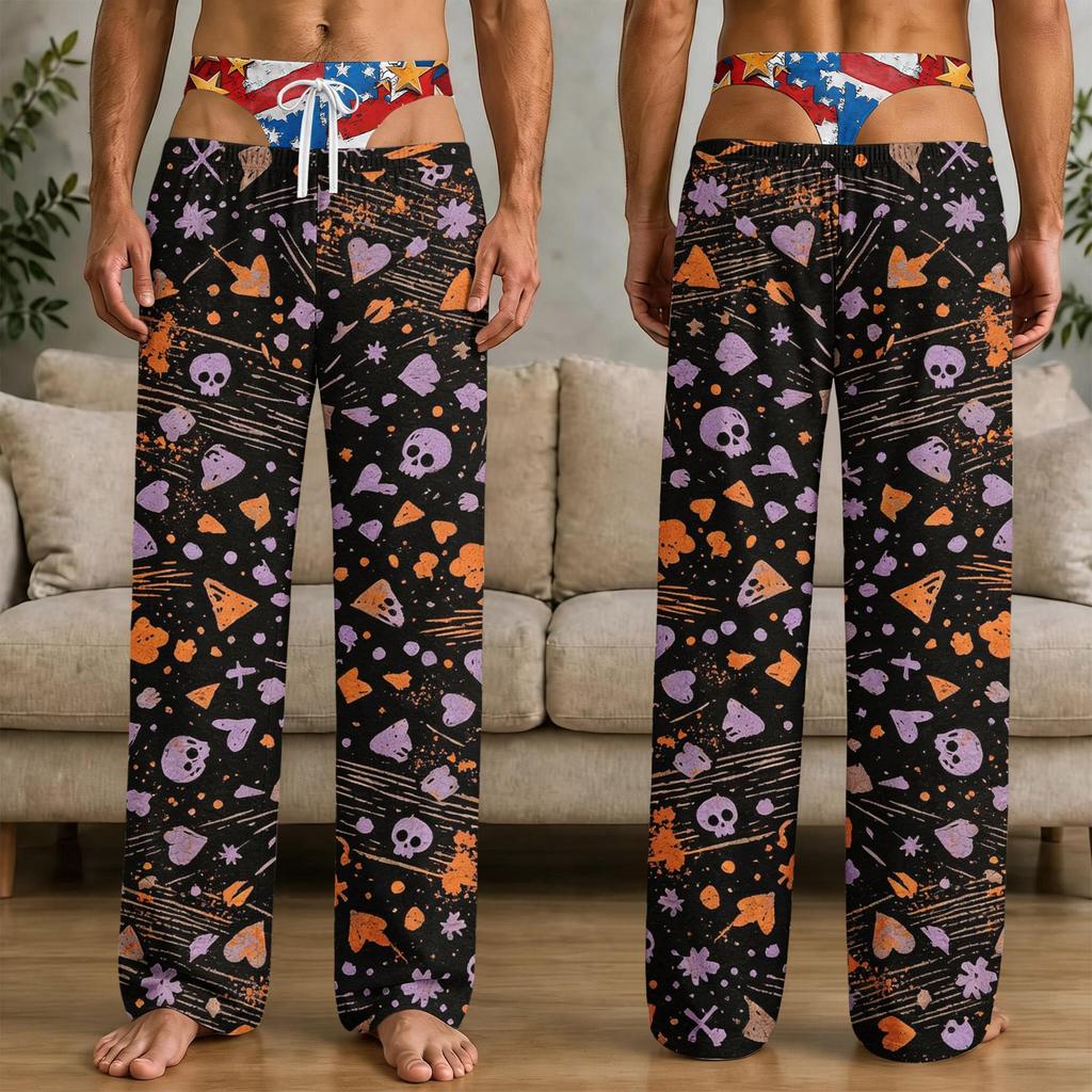 Men's Funny Halloween Print Knit Pants with Pockets, Casual Sleep Pajama Bottoms