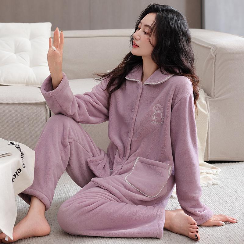 Coral Fleece Pajamas Women'S Autumn And Winter Fleece Thickened Flannel Furry Warm Loungewear Set