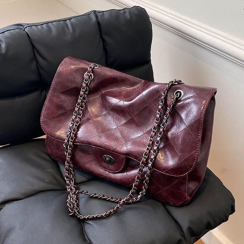 Chic And Versatile Black Quilted Crossbody Bag With Elegant Chain For Women Burgundy