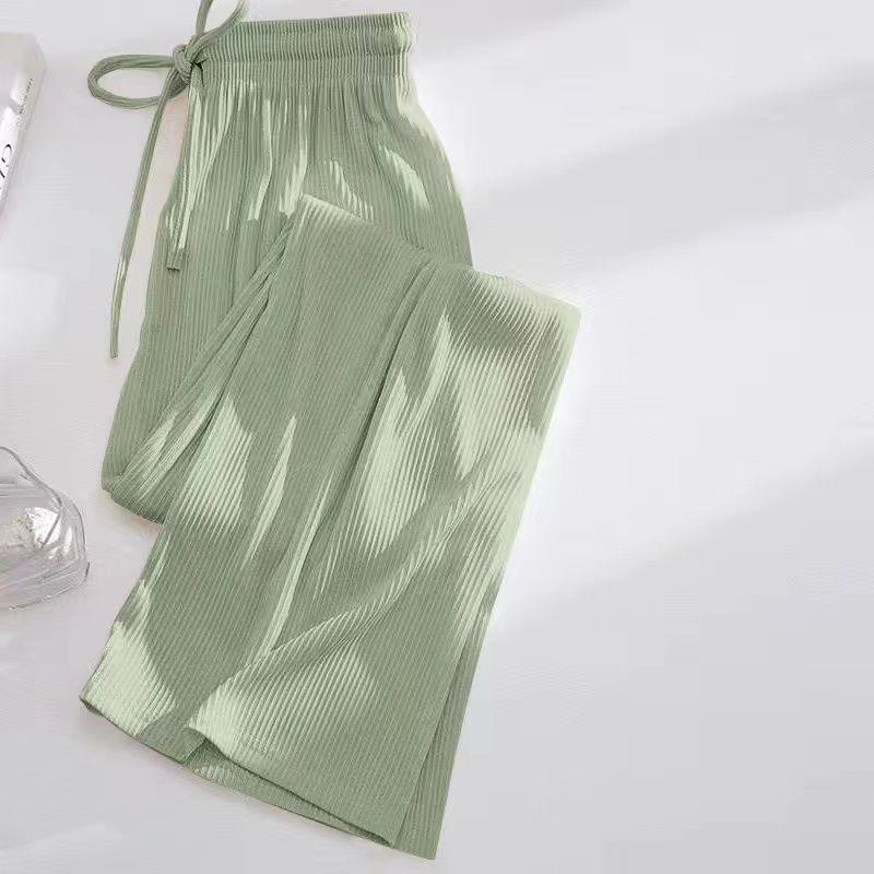 Women's Summer Ice Silk Wide-Leg Pants: One or Two-Piece Set, Korean Style, High Waist, Slimming, Floor-Length.