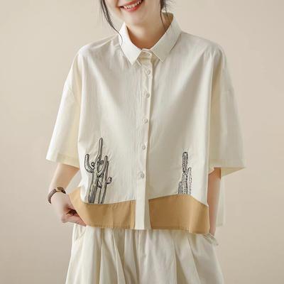 Women Classic Collar Loose Casual Half Sleeve Print Blouse