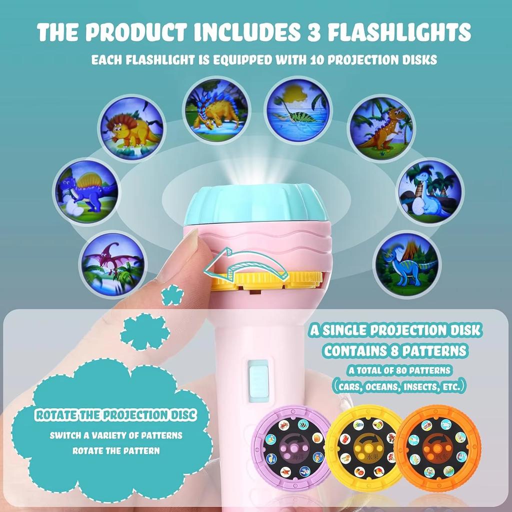 Cartoon Projection Flashlight For Kids 7 Cards 56 Patterns Children Fun Light Bedtime Projector Educational Toys For Boys Girls