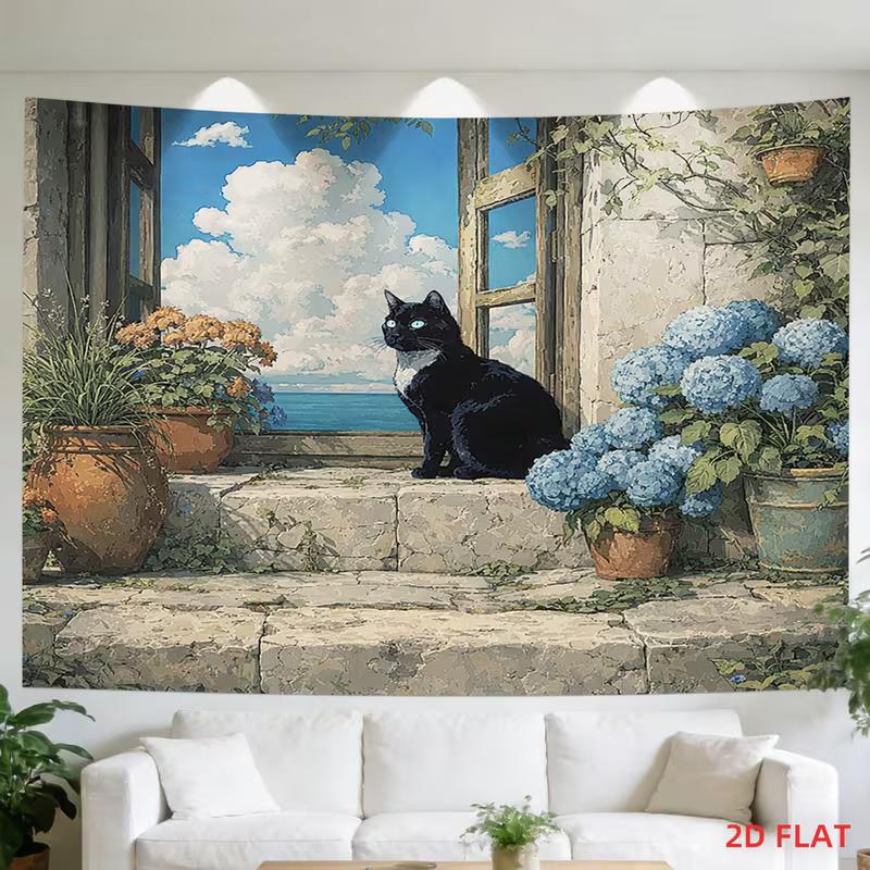 2D Black Cat Backdrop Hydrangea Coastal Stone Terrace Ocean Sky Photo Background 47.2x31.5inch/120*80cm