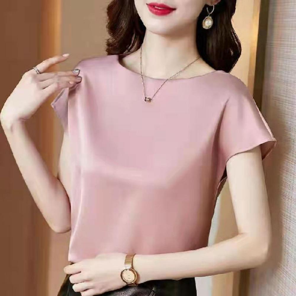 Office Ladies Tops Summer Short Sleeve O Neck Satin Solid Color T-Shirt