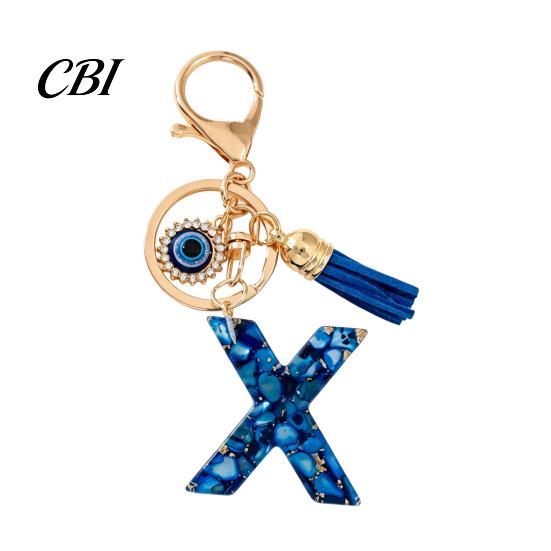Portable Key Organizer Blue Series Keychain Pendant, Initial Letter Charm Chain with Eyes Tassel Design, A-Z Holder for Bags Backpacks Cars
