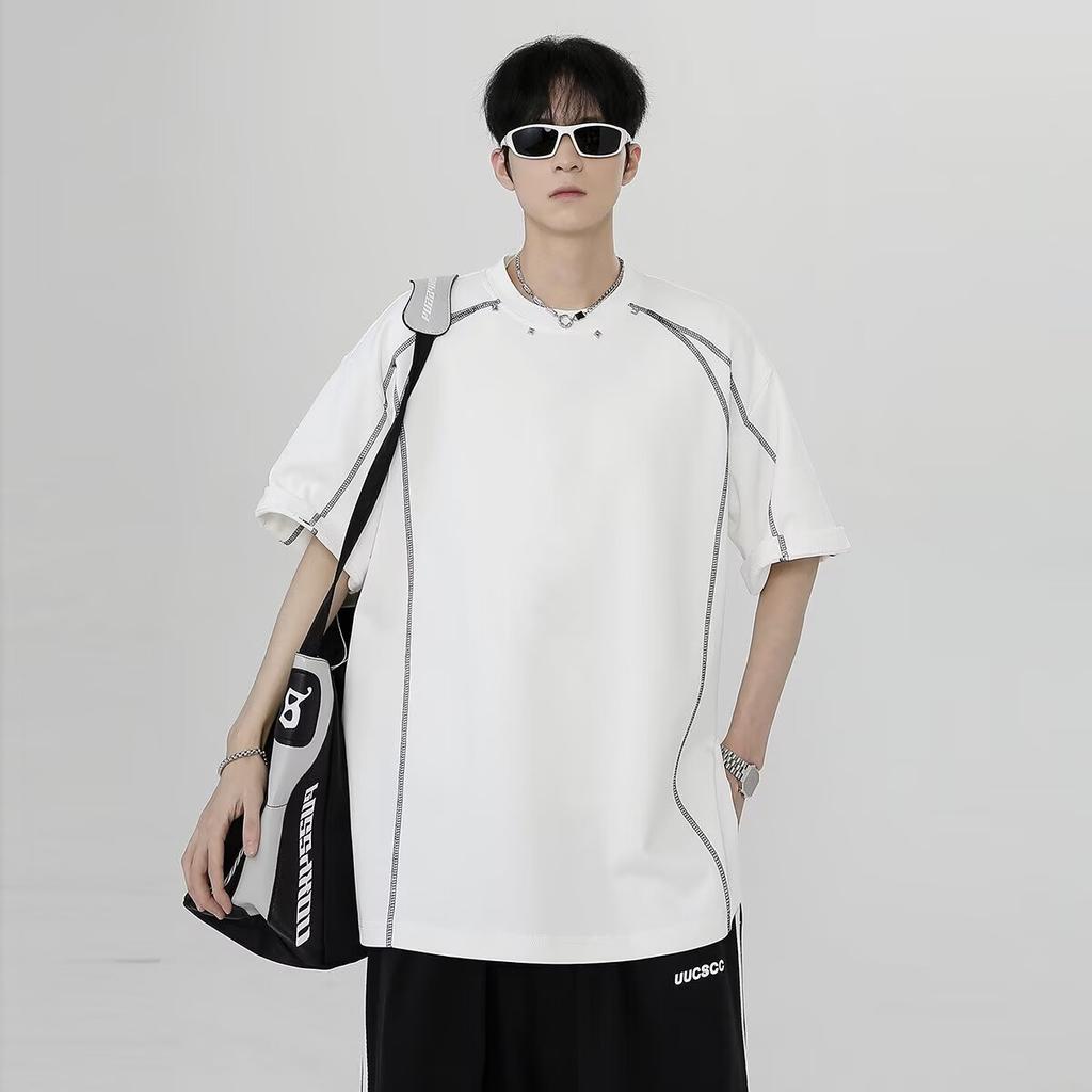 Summer High Street Heavy Padded Shoulder Short Sleeve T Men's Shirt Niche Color-Block Line Design Sense Internet Celebrity Cool Small Collar T