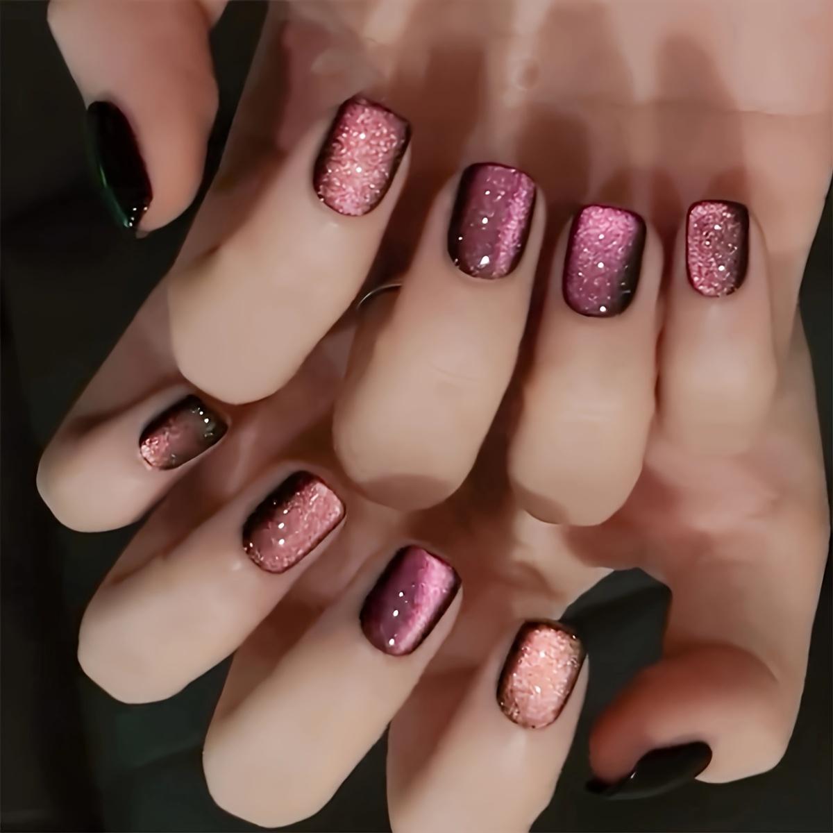 

24 шт./набор потрясающих фиолетовых блесток кошачий глаз для накладных ногтей - эффект хамелеона, цвет омбре, глянцевая отделка, короткая квадратная форма, легко наносится, One Yard