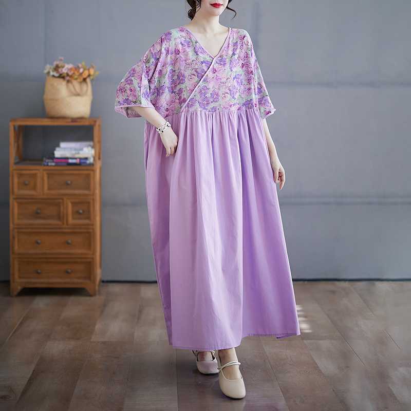 Cotton and Linen Summer Patchwork Retro Style Dress Long Skirt