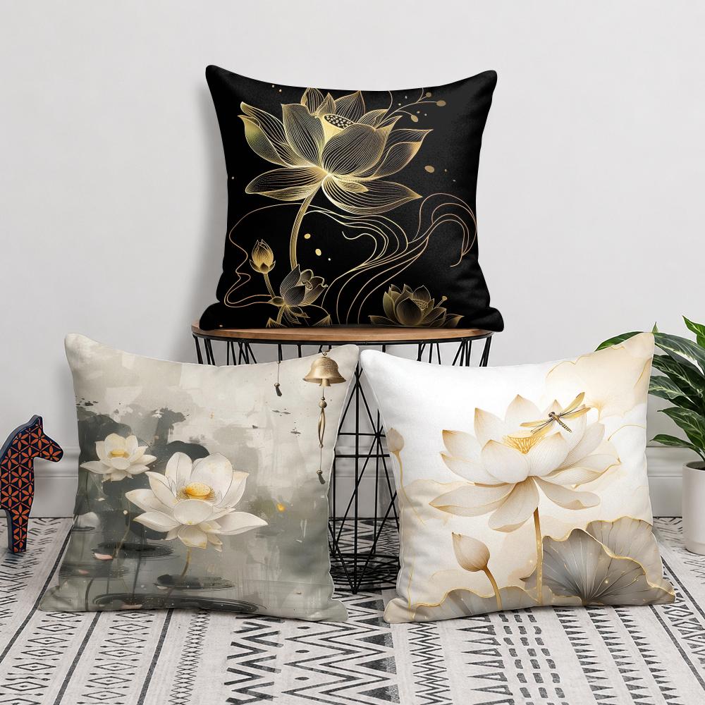 Simpl Pretty Golden Lotus Cushion Cover Breathable Short Plush Pillow Cases Machine Washable Wrinkle-Resistant Soft Durable