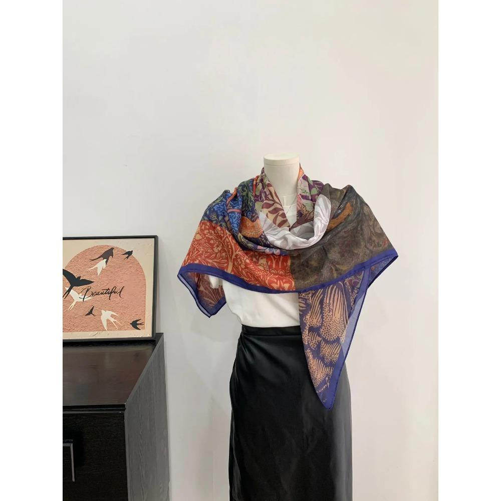 Head Scarf Women Square Scarf Thin Silk Like French Vintage Shawl Exclusive Design Spring Summer Autumn Lightweight Multipurpose