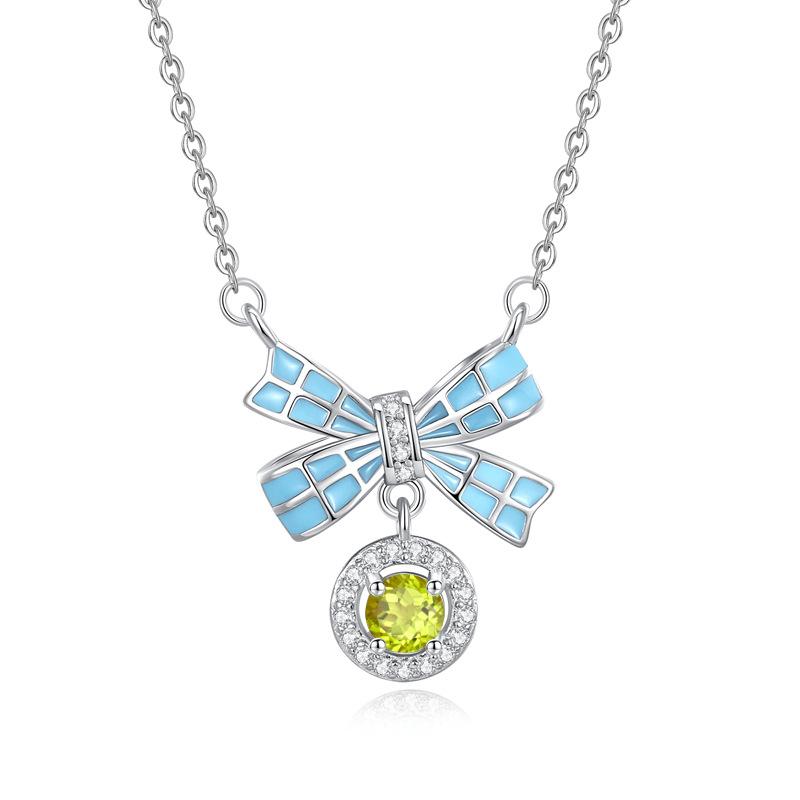 Women's S925 Sterling Silver Bow Knot Necklace Natural Amethyst Citrine Zircon Enamel Clavicle Chain Jewelry