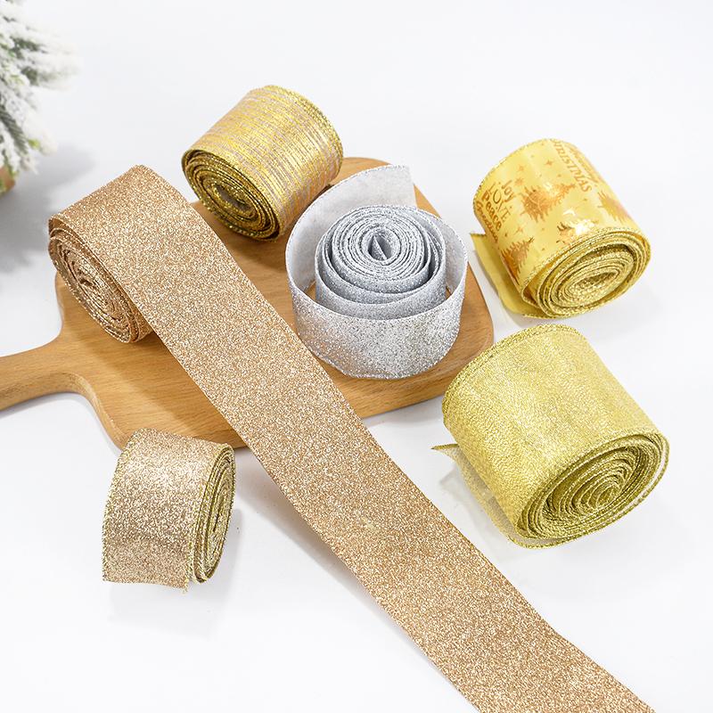 2M Christmas Ribbon Gold Silver Polyester Gliter Ribbon DIY Xmas Tree Bow Ornaments Kids Gifts Packaging Navidad Home Decoration