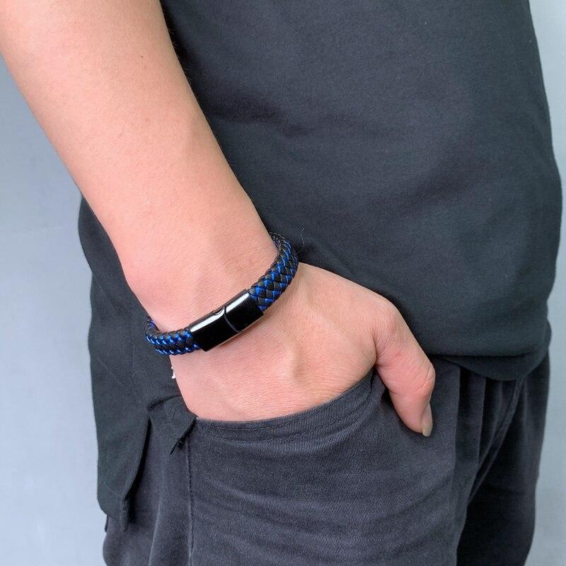 Punk Männer Schmuck Schwarz Blau Rot Geflochtenes Lederarmband Edelstahlverschluss Mann Handgelenk Band Geschenke