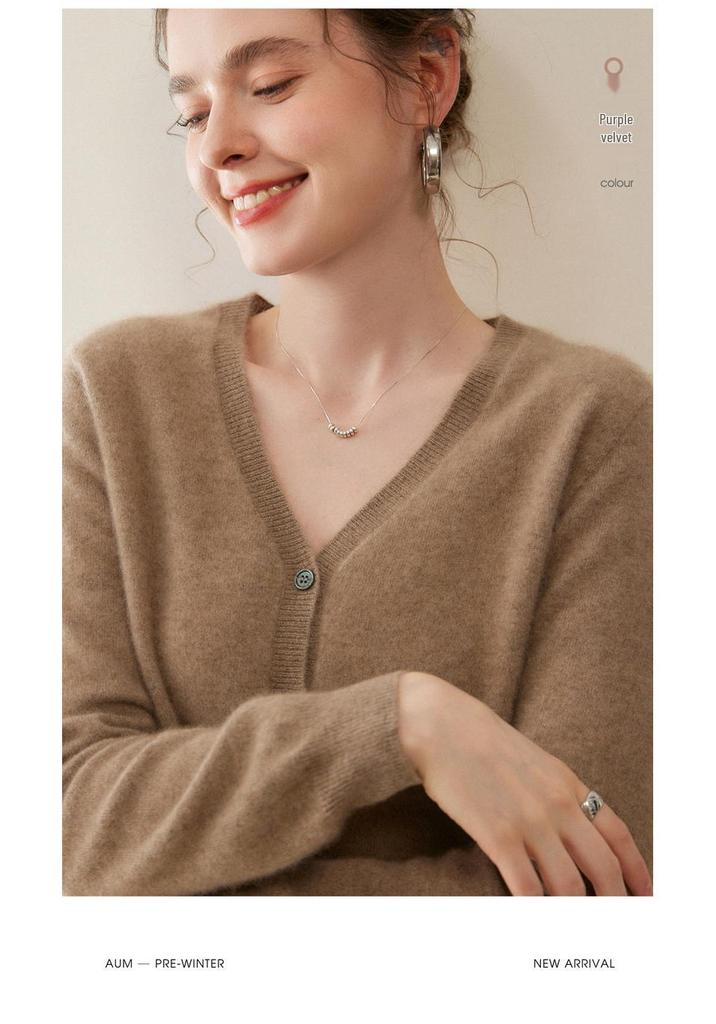 Women's V-neck Pure Cashmere Knit Cardigan - Soft & Fluffy Autumn/Winter Layer