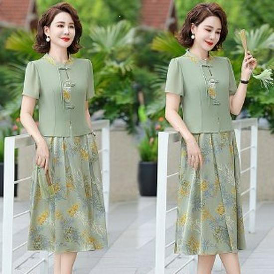 Elegant Summer Dress for Women 2026: Short Sleeve, Slimming Printed Skirt for Middle-Aged and Elderly Moms XL