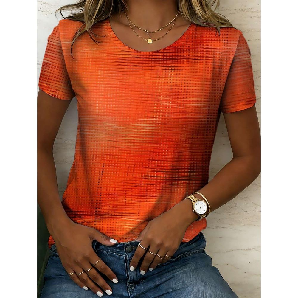 Bright orange gradient women's T-shirt with geometric print and seamless design.
