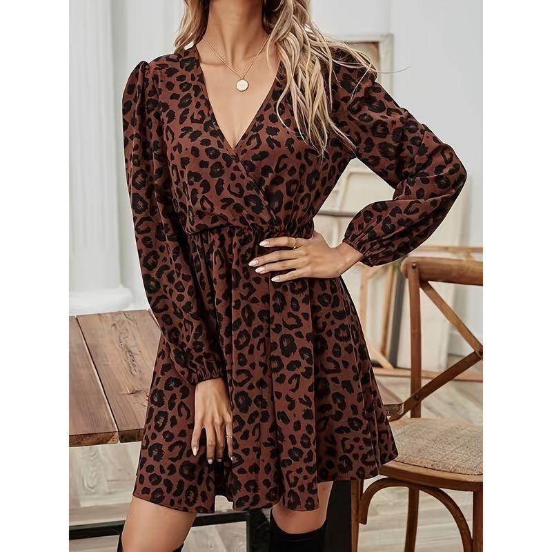 

Amazon Cross-Border Fashion Style Fashion Temperament Leopard Print Print Silm Hip Women s Clothing Dress Fall and Winter New Arrival Brown S