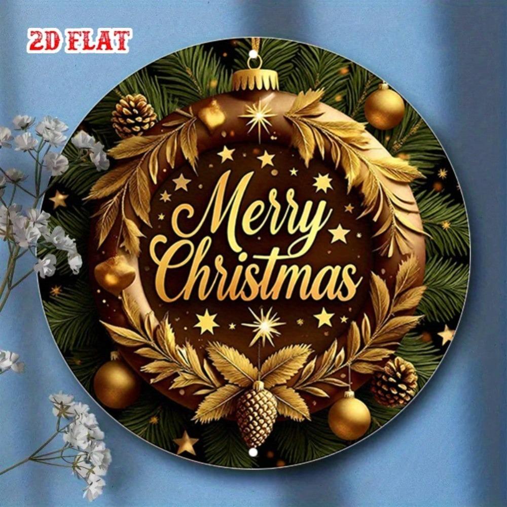 Golden Christmas Wreath Metal Wall Decor Rustic Holiday Sign with Pine Branches Stars Durable Indoor Outdoor Hanging