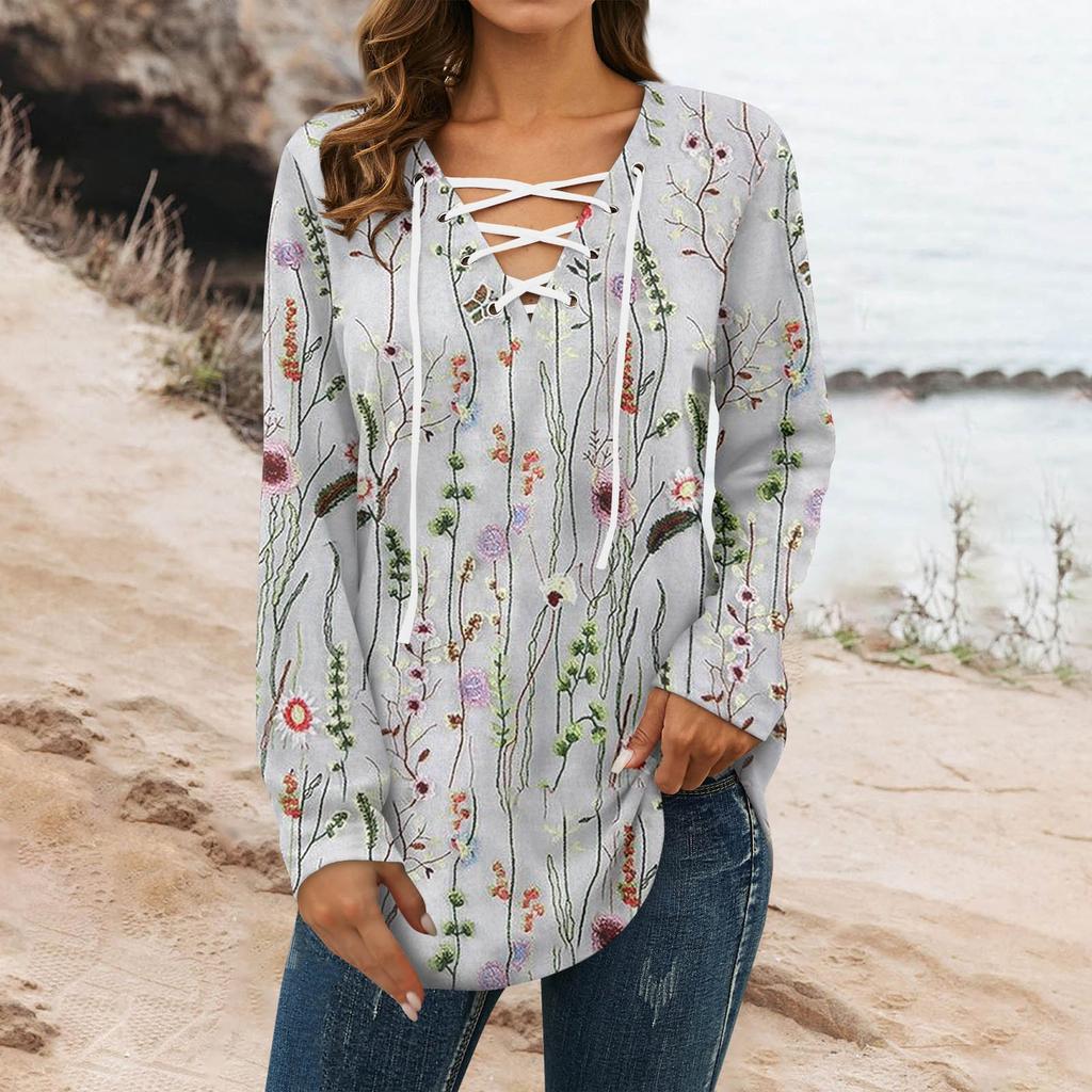 Women's Blouse Fashion Loose Casual Long Sleeved Printed V-Neck T-shirt Top