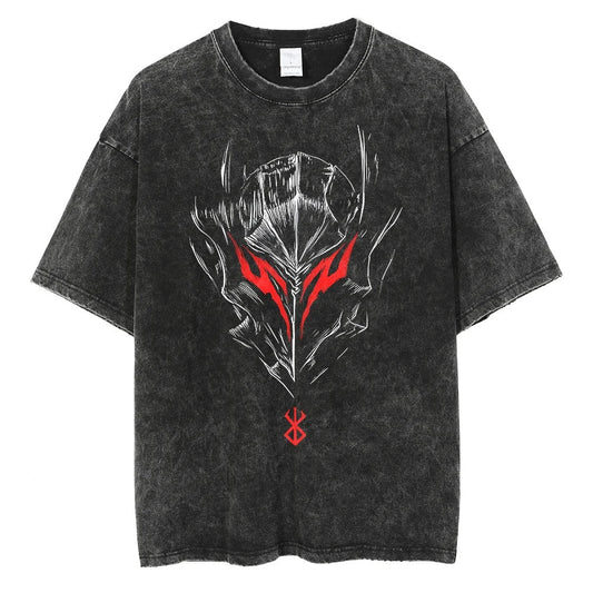 Japanischer Anime Berserk Retro Gewaschenes T-Shirt Herren und Damen Neu Sommer Harajuku Kleidung Lässig Rundhals Kurzärmeliges Oberteil