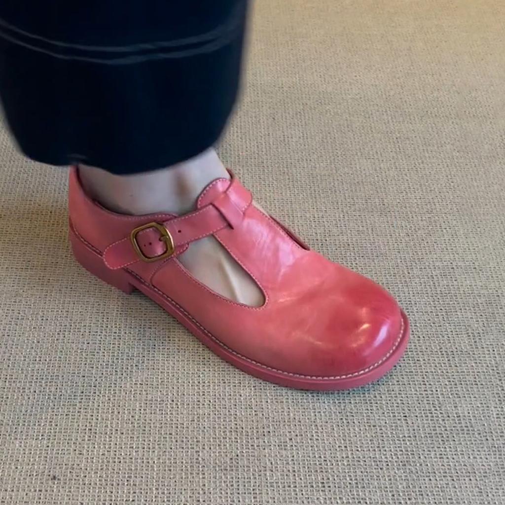Cowhide Version~ Retro Pink Small Leather Shoes with Round Head Polishing Mary Jane Single Shoes Women's Thick Heel T-buckle Strap
