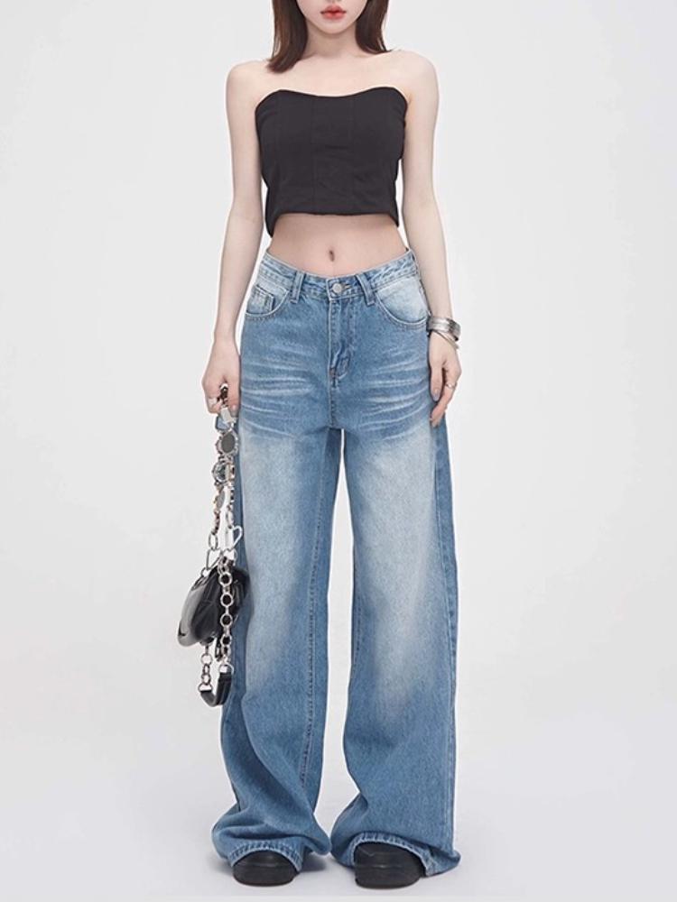 Crease Blue Elegant Washed Jeans Women All Match Vintage Mop Pants Loose Straight Fashion Design Wide Leg Pants Streetwear