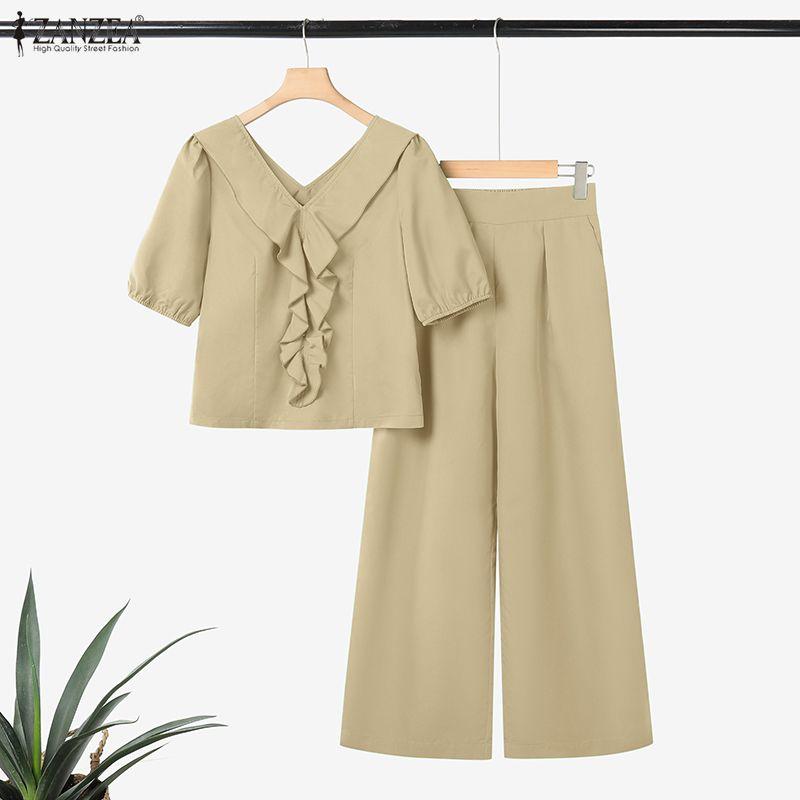 ZANZEA Bluză și pantaloni cu mâneci scurte pentru femei Seturi de costume din două piese de vară