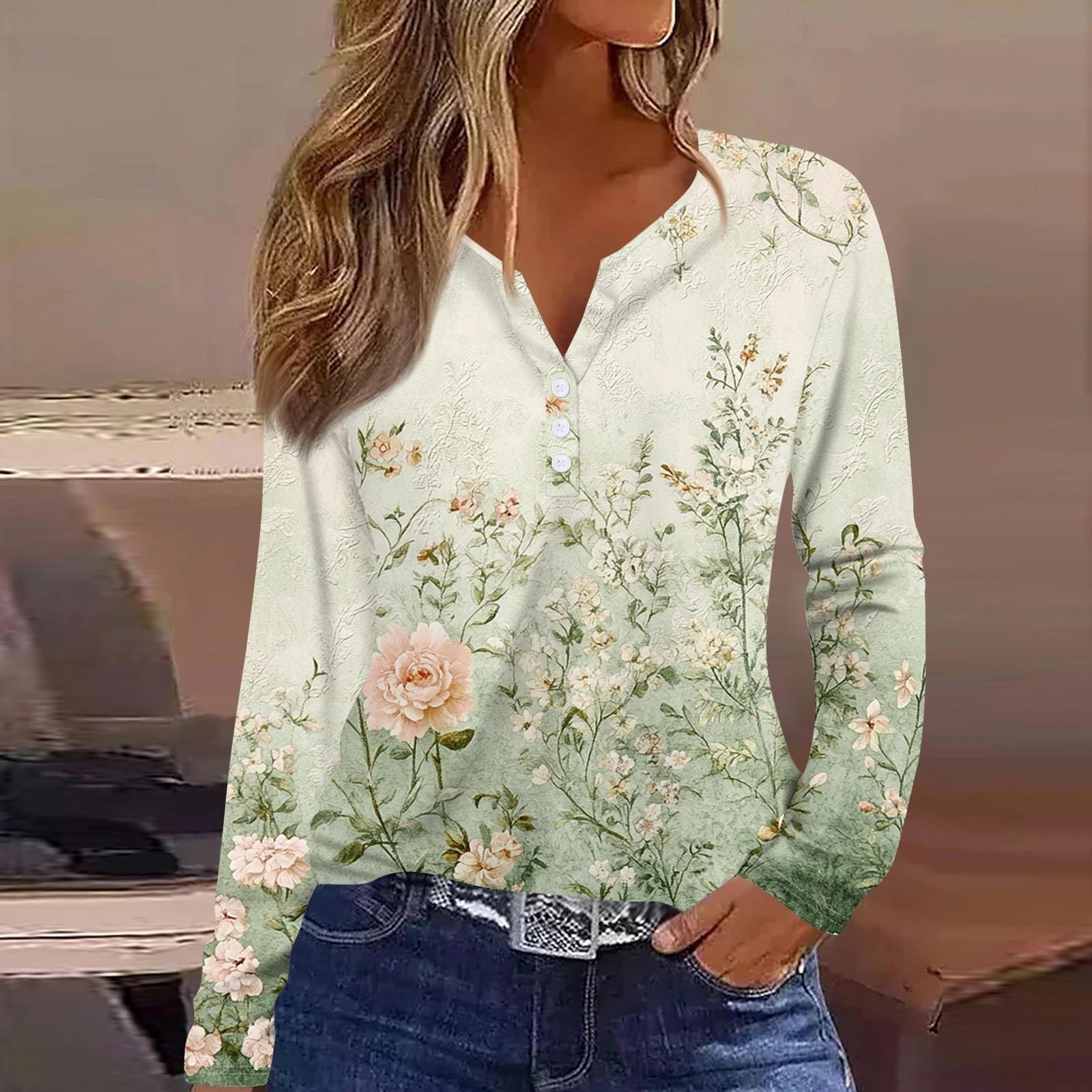 

Жен. Футболка Футболка С принтом Пуговицы Длинный рукав Повседневные Выходные Мода Классический V-образный вырез Обычный Верх S зелёный