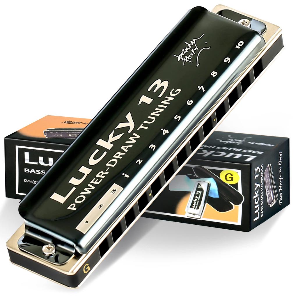 East Top Harmonica, 13-Hole Blues Harmonica In G, for Jazz Professionals, Adults, and Children, Study and Practice, Brass Cover, Canvas Case, Lucky13