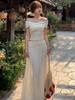 Women's French White Off-Shoulder Top & Knit Midi Skirt Set - Gentle Spring Design