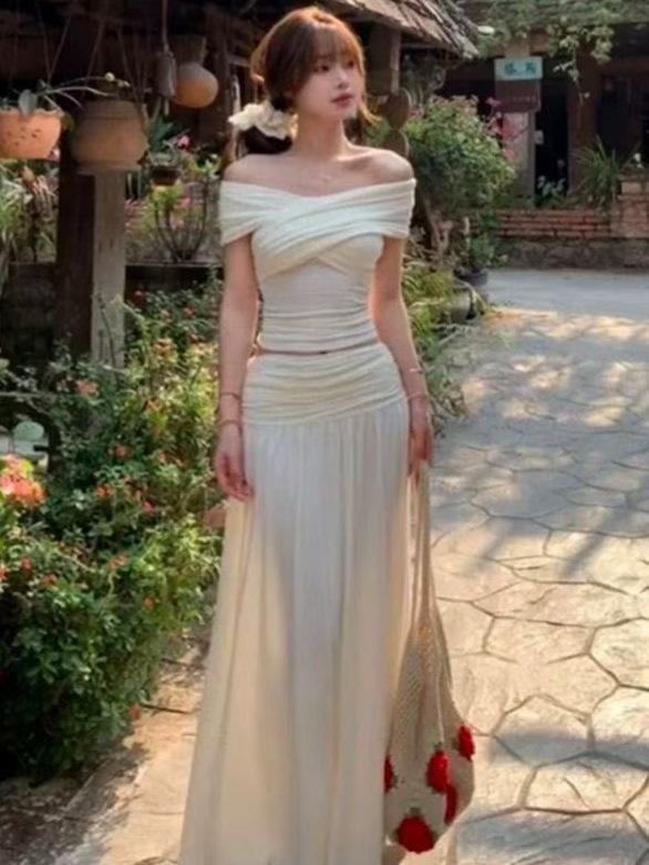 Women's French White Off-Shoulder Top & Knit Midi Skirt Set - Gentle Spring Design