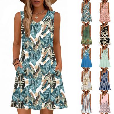 Women's Fashion Printed Summer Sleeveless V-neck Tank Top Pocket Casual Loose Dress