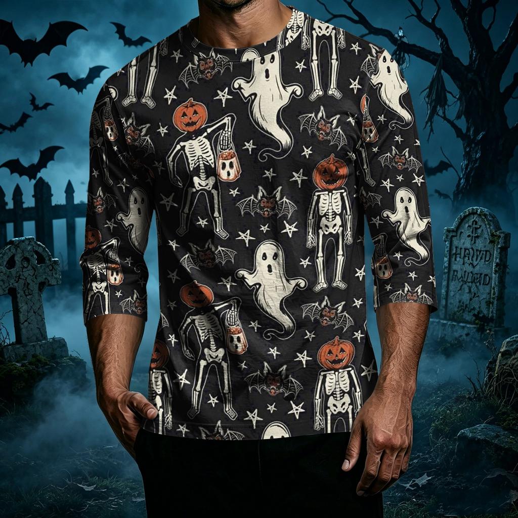 Men's Casual Halloween Pumpkin Print Raglan Sleeve T-Shirt Crew Neck Three Quarter Sleeve Top Lightweight Comfortable Fit